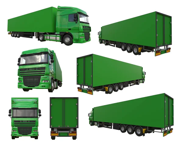 Set grand camion vert avec une semi-remorque. Modèle pour placer des graphiques. Rendu 3d . — Photo
