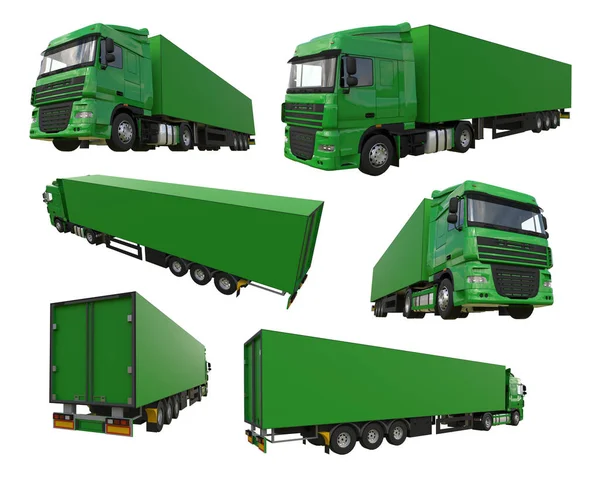 Set grand camion vert avec une semi-remorque. Modèle pour placer des graphiques. Rendu 3d . — Photo