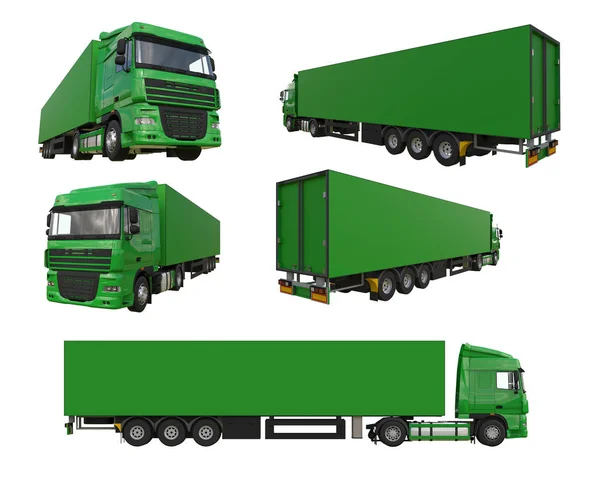 Set grand camion vert avec une semi-remorque. Modèle pour placer des graphiques. Rendu 3d . — Photo