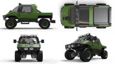 Set special all-terrain vehicle for difficult terrain and difficult road and weather conditions. 3d rendering. clipart