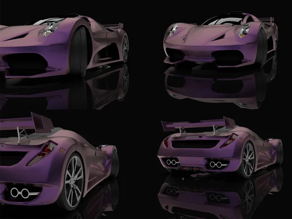Lila készlet versenyautó koncepció. Egy autó, egy fekete fényes háttér kép. 3D-leképezés. — Stock Fotó
