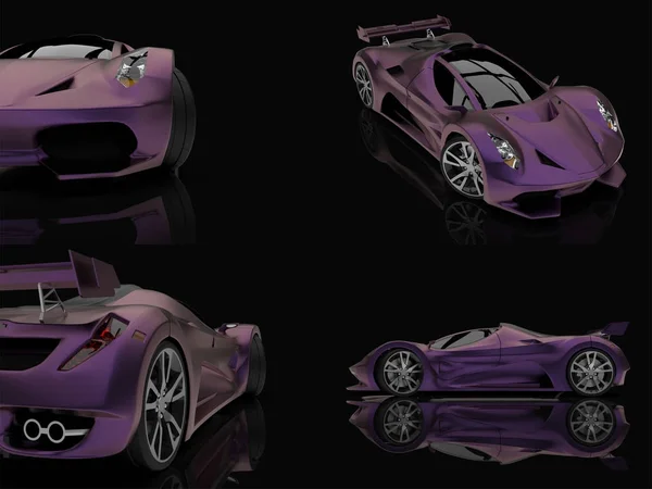 セット紫レース コンセプト車。光沢のある黒地に車のイメージ。3 d レンダリング. — ストック写真