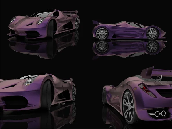 Set viola auto da corsa concetto. Immagine di un'auto su sfondo nero lucido. rendering 3d . — Foto Stock