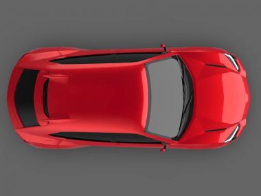 En yeni spor dört tekerlekten çekiş kırmızı sigorta primi crossover yansıtıcı bir zemin gri bir stüdyoda. 3D render.