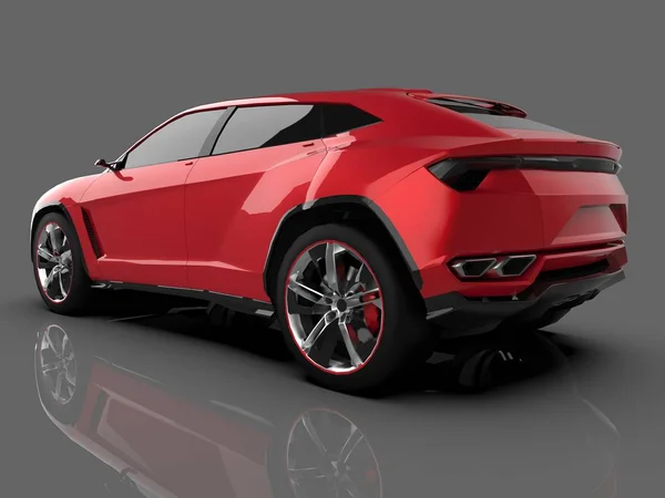 The newest sports all-wheel drive red premium crossover in a gray studio with a reflective floor. 3d rendering.