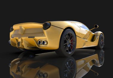 Spor araba. Bir spor sarı araba siyah bir arka plan görüntüsü. 3D çizim.