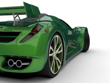 Yeşil yarış konsept otomobil. Bir araba üzerinde beyaz bir arka plan görüntüsü. 3D render.