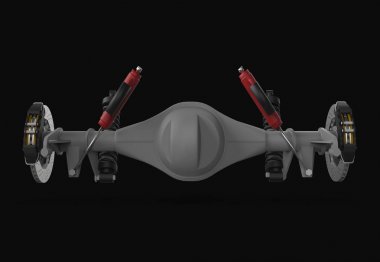 Arka aks derleme karşı süspansiyon ve fren. Kırmızı tamponlar. 3D çizim.
