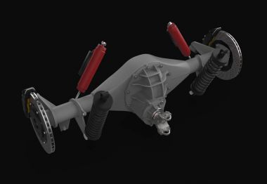 Arka aks derleme karşı süspansiyon ve fren. Kırmızı tamponlar. 3D çizim.