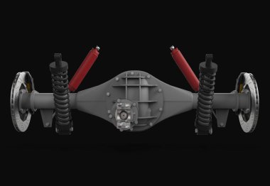 Arka aks derleme karşı süspansiyon ve fren. Kırmızı tamponlar. 3D çizim.