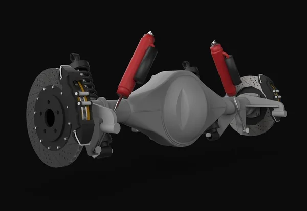 Rear axle assembly with suspension and brakes. Red dampers. 3d illustration. — Stock Photo, Image