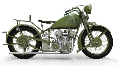 20. yüzyılın 30s, eski bir yeşil motosiklet. Gölgelerin içinden bir uçakta bir beyaz zemin üzerine bir örnek.