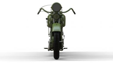 20. yüzyılın 30s, eski bir yeşil motosiklet. Gölgelerin içinden bir uçakta bir beyaz zemin üzerine bir örnek.