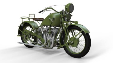 20. yüzyılın 30s, eski bir yeşil motosiklet. Gölgelerin içinden bir uçakta bir beyaz zemin üzerine bir örnek.