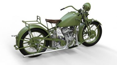 20. yüzyılın 30s, eski bir yeşil motosiklet. Gölgelerin içinden bir uçakta bir beyaz zemin üzerine bir örnek.