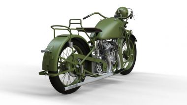 20. yüzyılın 30s, eski bir yeşil motosiklet. Gölgelerin içinden bir uçakta bir beyaz zemin üzerine bir örnek.