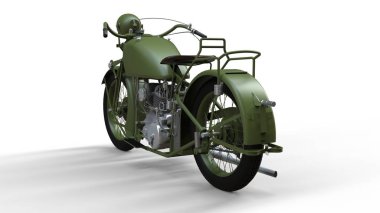 20. yüzyılın 30s, eski bir yeşil motosiklet. Gölgelerin içinden bir uçakta bir beyaz zemin üzerine bir örnek.
