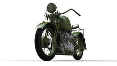 20. yüzyılın 30s, eski bir yeşil motosiklet. Gölgelerin içinden bir uçakta bir beyaz zemin üzerine bir örnek.