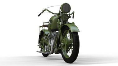20. yüzyılın 30s, eski bir yeşil motosiklet. Gölgelerin içinden bir uçakta bir beyaz zemin üzerine bir örnek.