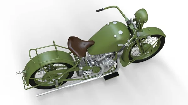 Une vieille moto verte des années 30 du 20ème siècle. Une illustration sur un fond blanc avec des ombres de sur un avion . — Photo
