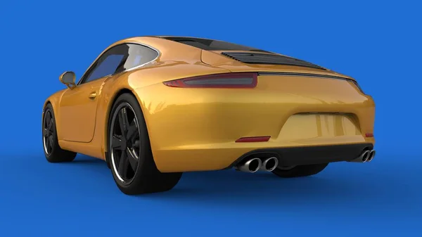Coche deportivo. La imagen de un coche deportivo amarillo sobre un fondo azul. ilustración 3d . — Foto de Stock