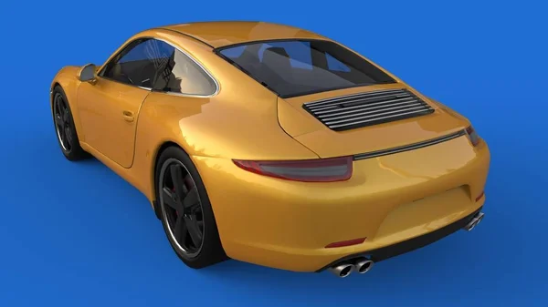 Coche deportivo. La imagen de un coche deportivo amarillo sobre un fondo azul. ilustración 3d . — Foto de Stock