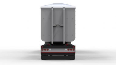 Büyük beyaz kamyon nakliye tarım ve bina hacim materyalleri ve ürünleri için ayrı römork ile. 3D render.