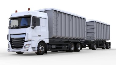 Büyük beyaz kamyon nakliye tarım ve bina hacim materyalleri ve ürünleri için ayrı römork ile. 3D render.