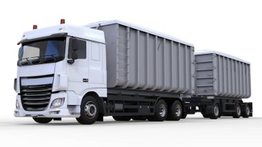 Büyük beyaz kamyon nakliye tarım ve bina hacim materyalleri ve ürünleri için ayrı römork ile. 3D render.