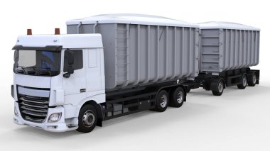 Büyük beyaz kamyon nakliye tarım ve bina hacim materyalleri ve ürünleri için ayrı römork ile. 3D render.