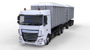 Büyük beyaz kamyon nakliye tarım ve bina hacim materyalleri ve ürünleri için ayrı römork ile. 3D render.
