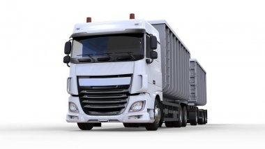 Büyük beyaz kamyon nakliye tarım ve bina hacim materyalleri ve ürünleri için ayrı römork ile. 3D render.