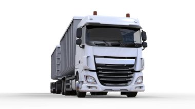 Büyük beyaz kamyon nakliye tarım ve bina hacim materyalleri ve ürünleri için ayrı römork ile. 3D render.