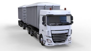 Büyük beyaz kamyon nakliye tarım ve bina hacim materyalleri ve ürünleri için ayrı römork ile. 3D render.