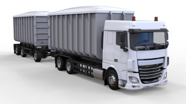 Büyük beyaz kamyon nakliye tarım ve bina hacim materyalleri ve ürünleri için ayrı römork ile. 3D render.