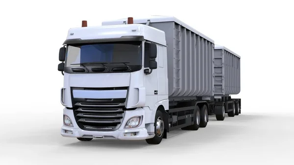 Truk putih besar dengan trailer terpisah, untuk transportasi bahan dan produk massal pertanian dan bangunan. Rendering 3d . — Stok Foto
