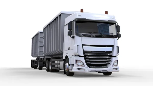 Duży biały ciężarówka z przyczepą oddzielne, do transportu materiałów sypkich rolniczych i budowlanych oraz produktów. renderowania 3D. — Zdjęcie stockowe