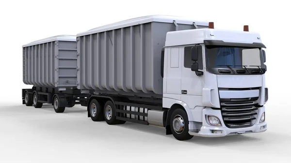 Truk putih besar dengan trailer terpisah, untuk transportasi bahan dan produk massal pertanian dan bangunan. Rendering 3d . — Stok Foto