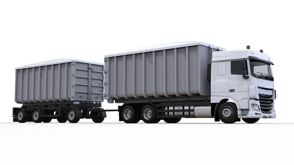 Большой белый грузовик с отдельным прицепом, для перевозки сельскохозяйственных и строительных сыпучих материалов и продукции. 3d-рендеринг . — стоковое фото