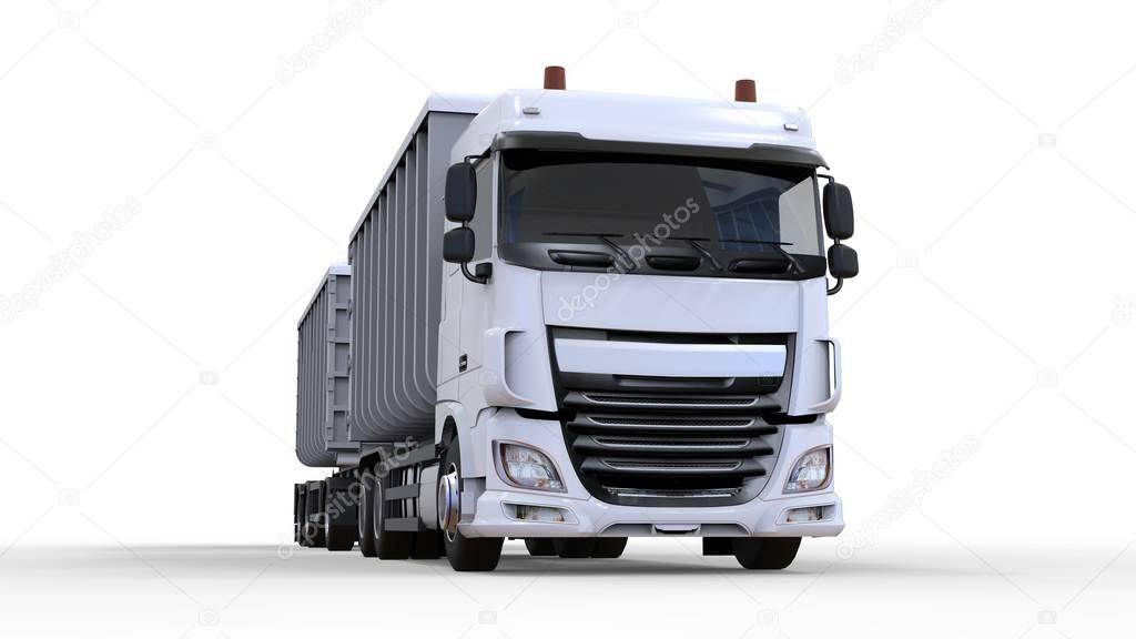 Large white truck with separate trailer, for transportation of agricultural and building bulk materials and products. 3d rendering.