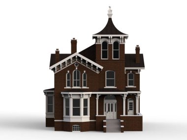 Victoria tarzı eski evde. Resimde beyaz arka plan üzerinde. Farklı türlerden. 3D render.