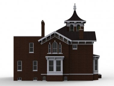 Victoria tarzı eski evde. Resimde beyaz arka plan üzerinde. Farklı türlerden. 3D render.