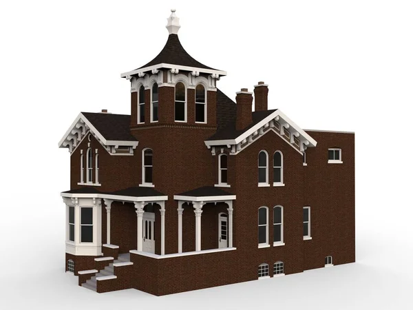 Oud huis in Victoriaanse stijl. Illustratie op witte achtergrond. Soorten van verschillende kanten. 3D-rendering. — Stockfoto