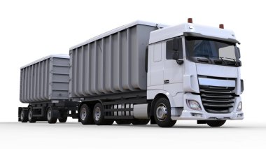 Büyük beyaz kamyon nakliye tarım ve bina hacim materyalleri ve ürünleri için ayrı römork ile. 3D render.