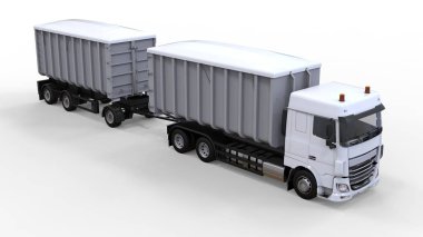 Büyük beyaz kamyon nakliye tarım ve bina hacim materyalleri ve ürünleri için ayrı römork ile. 3D render.
