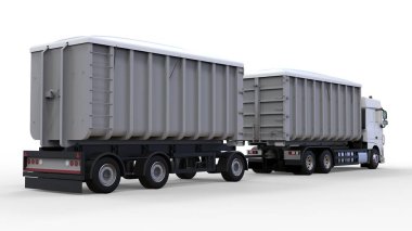 Büyük beyaz kamyon nakliye tarım ve bina hacim materyalleri ve ürünleri için ayrı römork ile. 3D render.