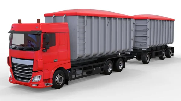Grande caminhão vermelho com reboque separado, para o transporte de materiais e produtos agrícolas e de construção a granel. Renderização 3d . — Fotografia de Stock