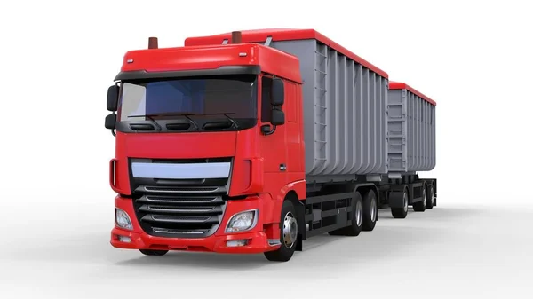 Большой красный грузовик с отдельным прицепом, для перевозки сельскохозяйственных и строительных сыпучих материалов и продукции. 3d-рендеринг . — стоковое фото