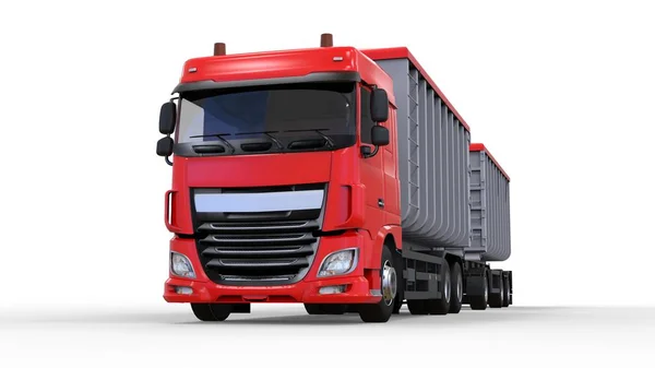 Μεγάλο κόκκινο φορτηγό με ρυμουλκούμενο ξεχωριστά, για τη μεταφορά των χύμα γεωργικά και οικοδομικά υλικά και προϊόντα. 3D rendering. — Φωτογραφία Αρχείου