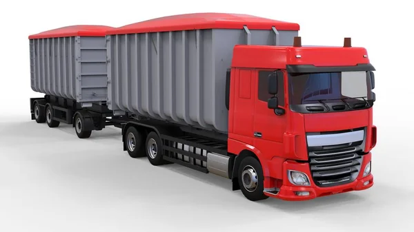 Großer roter LKW mit separatem Anhänger, für den Transport von landwirtschaftlichen und Baumaterialien und Produkten. 3D-Darstellung. — Stockfoto